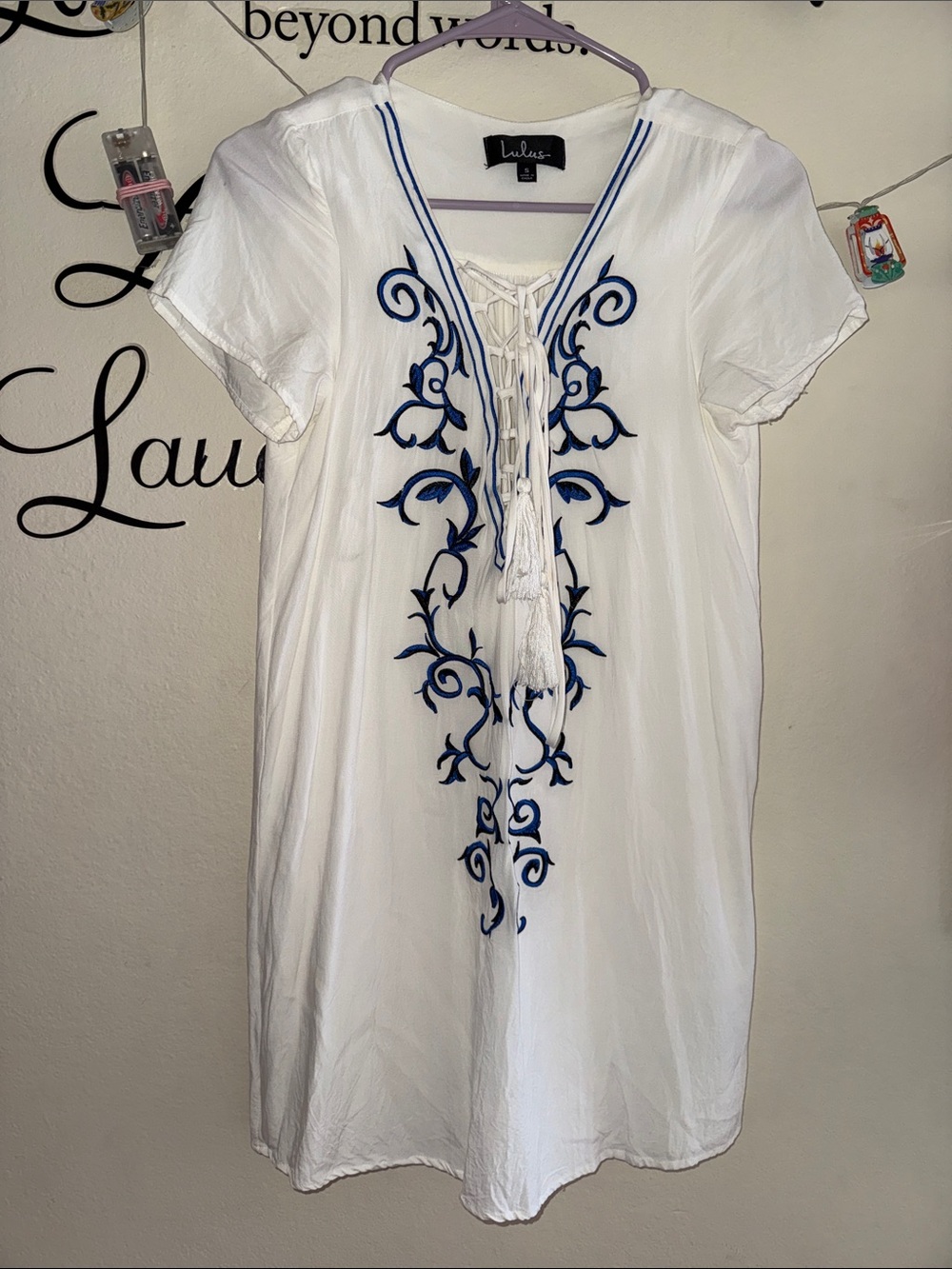 Lulu's White Tunic with Blue Embroidered Detail
